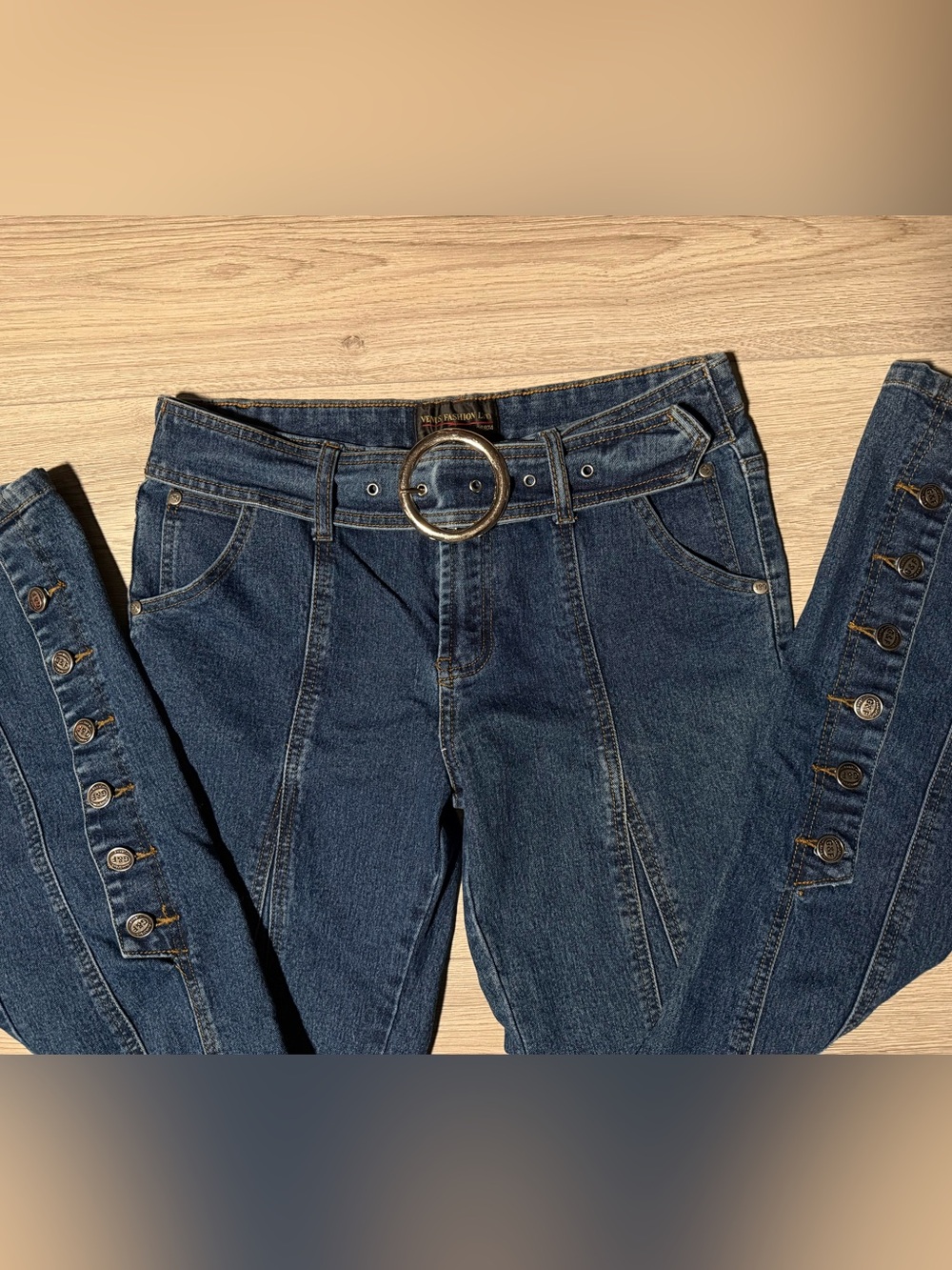 Vintage Belted Dark Blue Buttoned Flare Jeans